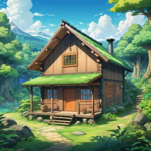 log home,log cabin,little house,wooden house,summer cottage,house in the forest,small cabin,studio ghibli,small house,home landscape,wooden hut,house in mountains,house in the mountains,the cabin in the mountains,cottage,wooden houses,lonely house,country cottage,traditional house,farm hut,Illustration,Japanese style,Japanese Style 03