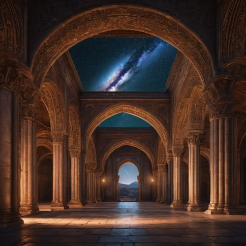the hassan ii mosque,hassan 2 mosque,caravansary,umayyad palace,star mosque,hall of the fallen,atlantis,islamic architectural,arches,archway,ramadan background,stargate,persian architecture,shahi mosque,caravanserai,three centered arch,king abdullah i mosque,inner space,sky space concept,arch,Photography,General,Fantasy