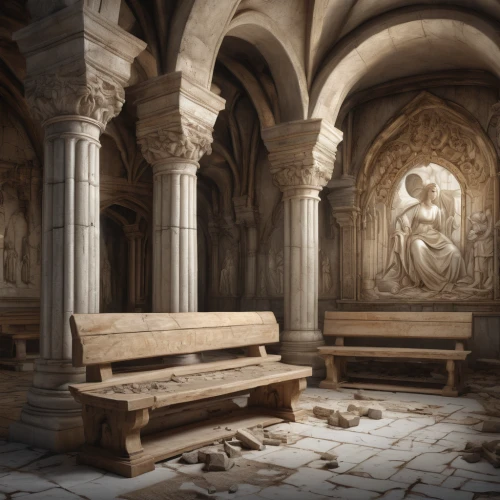 crypt,sepulchre,hall of the fallen,resting place,celsus library,sanctuary,3d render,empty interior,mausoleum ruins,tombs,wooden bench,music chest,luxury decay,3d rendering,benches,empty tomb,wooden mockup,classical antiquity,haunted cathedral,antiquity,Conceptual Art,Fantasy,Fantasy 01