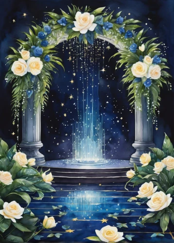 flowers celestial,night-blooming jasmine,everlasting flowers,flower water,water lotus,stage curtain,water-the sword lily,white rose snow queen,flower painting,water rose,blue moon rose,water lilies,flower background,way of the roses,white water lilies,night-blooming cereus,lilly of the valley,bridal veil,fountain,blue rose,Illustration,Realistic Fantasy,Realistic Fantasy 08