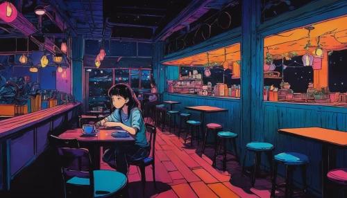 neon coffee,retro diner,woman at cafe,watercolor cafe,diner,soda shop,coffee shop,the coffee shop,neon drinks,paris cafe,ice cream parlor,soda fountain,shirakami-sanchi,street cafe,cafe,neon light drinks,drinking establishment,coffeehouse,mari makinami,ice cream shop,Illustration,Japanese style,Japanese Style 05