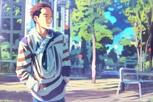 anime japanese clothing,anime cartoon,takato cherry blossoms,a pedestrian,love background,long-sleeved t-shirt,park,pedestrian,background image,park akanda,anime boy,city ​​portrait,walk in a park,kinomichi,long-sleeve,spring background,park bench,standing man,in the park,art background,Common,Common,Japanese Manga