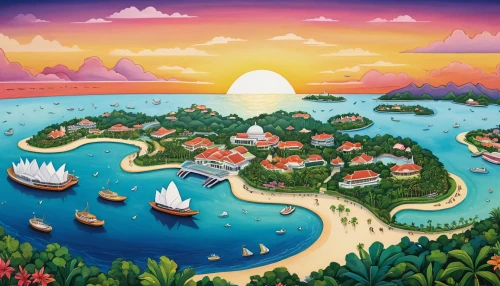 polynesia,an island far away landscape,islands,kei islands,delight island,java island,lavezzi isles,over water bungalows,popeye village,tropical island,diamond lagoon,seaside resort,fishing village,monkey island,mushroom island,flying island,island,artificial islands,coastal landscape,khokhloma painting,Illustration,Abstract Fantasy,Abstract Fantasy 12