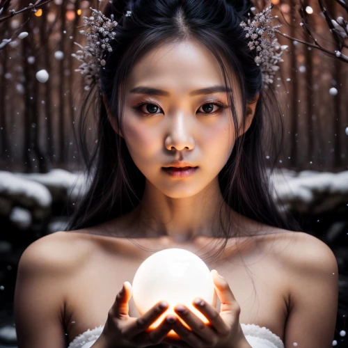 crystal ball-photography,crystal ball,mystical portrait of a girl,fortune teller,crystal egg,ball fortune tellers,fortune telling,bird's egg,sorceress,asian vision,glass sphere,conceptual photography,sphere,divination,fantasy portrait,egg shell,japanese woman,lantern,light mask,orb