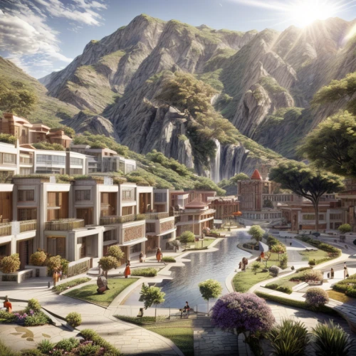 building valley,alpine village,eco-construction,3d rendering,eco hotel,mountain settlement,danyang eight scenic,mountain village,chinese architecture,tigers nest,terraforming,mountain valley,marvel of peru,bogart village,urban development,apartment complex,new housing development,aurora village,terraces,bendemeer estates