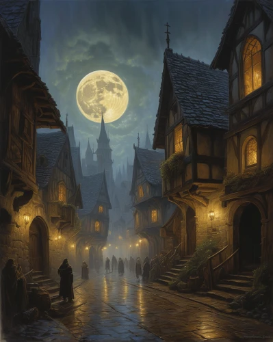medieval street,fantasy picture,night scene,fantasy landscape,medieval town,fantasy art,hogwarts,hamelin,witch's house,moonlit night,fantasy city,the cobbled streets,aurora village,bremen town musicians,halloween scene,haunted castle,fairy tale castle,witch house,the pied piper of hamelin,heroic fantasy,Illustration,Realistic Fantasy,Realistic Fantasy 03