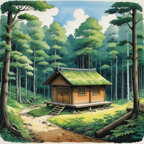 house in the forest,small cabin,wooden hut,forest background,log cabin,home landscape,small house,little house,cottage,wooden houses,log home,summer cottage,forest landscape,wooden house,cabin,landscape background,studio ghibli,lonely house,campsite,tree house,Illustration,Japanese style,Japanese Style 05