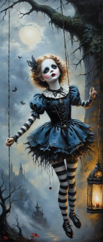 marionette,pierrot,tightrope walker,tightrope,danse macabre,alice in wonderland,painter doll,alice,dark art,dance of death,little girl in wind,string puppet,horror clown,tumbling doll,puppeteer,little girl with balloons,ballerina in the woods,wonderland,the blonde in the river,little girl twirling,Conceptual Art,Fantasy,Fantasy 29