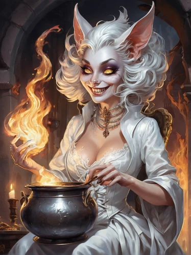 candlemaker,white cat,sorceress,fantasy portrait,tea party cat,cheshire,priestess,cauldron,sphynx,kitsune,silversmith,mage,divination,fantasy art,the witch,the enchantress,domestic cat,fire siren,burning candle,flickering flame,Conceptual Art,Fantasy,Fantasy 24
