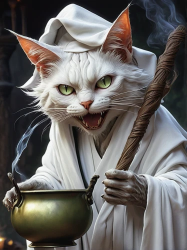 white cat,tea party cat,cat drinking tea,cauldron,halloween cat,cat warrior,candlemaker,witch broom,cat,cat coffee,incense,cat image,dodge warlock,fantasy portrait,mage,birman,wizard,candy cauldron,silversmith,caterer,Conceptual Art,Fantasy,Fantasy 30