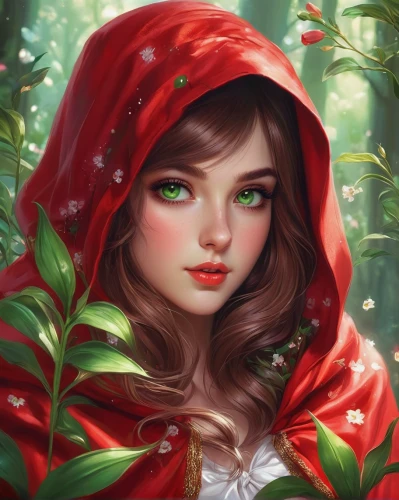 little red riding hood,red riding hood,red coat,fantasy portrait,red berries,fae,red petals,red magnolia,flora,fairy tale character,acerola,red green,poison ivy,mystical portrait of a girl,faery,red flower,romantic portrait,forest flower,forest background,red gift,Conceptual Art,Fantasy,Fantasy 03