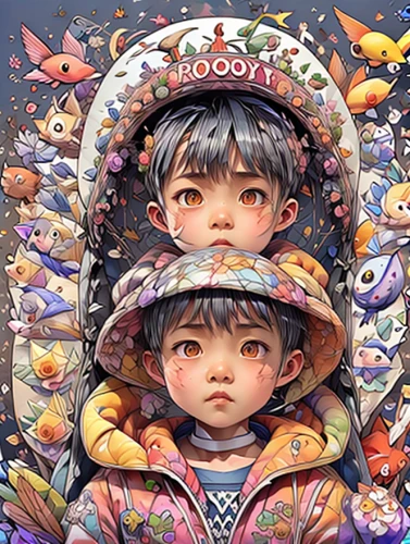 kids illustration,shirakami-sanchi,colourful pencils,studio ghibli,world digital painting,japanese art,little boy and girl,boy and girl,amano,two fish,japanese icons,coloured pencils,kawaii children,chinese art,color pencils,boy's hats,colored pencils,japanese umbrellas,game illustration,白斩鸡