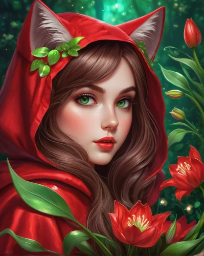 red riding hood,little red riding hood,scarlet witch,fantasy portrait,red magnolia,red petals,flora,portrait background,pomegranate,kitsune,rosehips,fae,forest background,world digital painting,red berries,red flower,rose hips,forest flower,fairy tale character,red coat,Conceptual Art,Fantasy,Fantasy 03