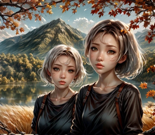 autumn background,two girls,autumn scenery,world digital painting,in the autumn,autumn idyll,the autumn,autumn,autumn day,fantasy portrait,autumn icon,autumn mountains,autumn theme,autumn trees,one autumn afternoon,gothic portrait,autumn landscape,just autumn,landscape background,digital painting