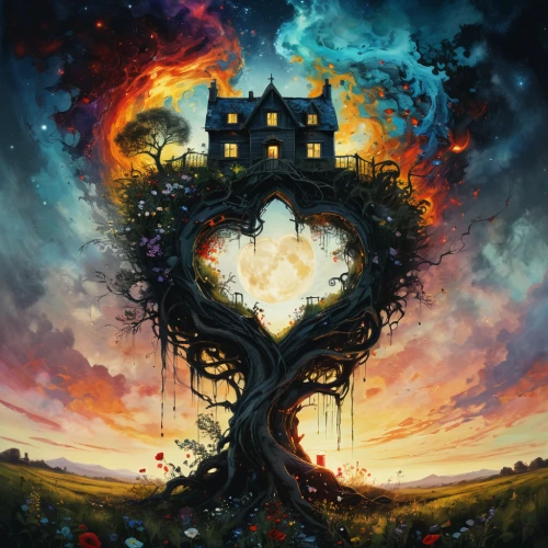 tree heart,tree of life,heart with crown,fire heart,witch's house,the heart of,tree house,castle of the corvin,fantasy art,throughout the game of love,heart and flourishes,colorful tree of life,heart flourish,fantasy picture,magic tree,house silhouette,land love,treehouse,witch house,hearth,Illustration,Paper based,Paper Based 20