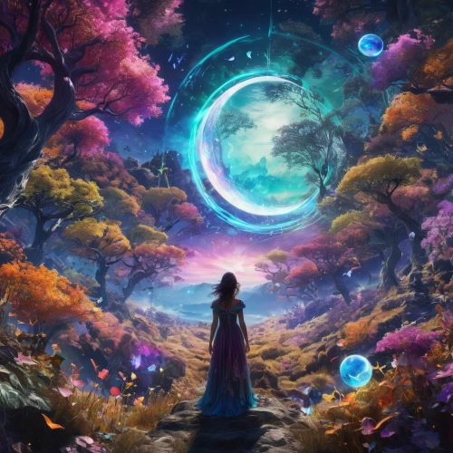 fantasy picture,fairy galaxy,astral traveler,fairy world,the mystical path,dream world,fantasia,universe,gaia,forest of dreams,cosmos,fae,cosmos wind,fantasy landscape,wonderland,fantasy art,cosmos field,fantasy world,the universe,phase of the moon,Illustration,Realistic Fantasy,Realistic Fantasy 20