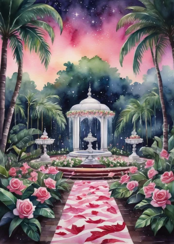 garden of eden,tropical house,secret garden of venus,palm house,tropical bloom,conservatory,greenhouse cover,rose garden,the palm house,tropical island,gazebo,greenhouse,flower booth,flower dome,cabana,rosarium,resort,watercolor background,tropical jungle,flower garden,Illustration,Realistic Fantasy,Realistic Fantasy 08