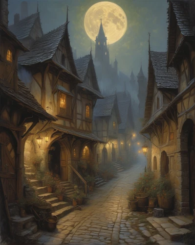 medieval street,medieval town,fantasy landscape,fantasy picture,the cobbled streets,fantasy art,night scene,medieval architecture,old town,moonlit night,hamelin,knight village,witch's house,old city,half-timbered houses,wooden houses,hogwarts,mountain settlement,aurora village,fantasy city,Illustration,Realistic Fantasy,Realistic Fantasy 03