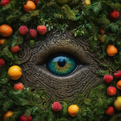 peacock eye,crocodile eye,all seeing eye,eye,fractals art,abstract eye,cosmic eye,autumn wreath,eye of a donkey,eye ball,earth fruit,women's eyes,the eyes of god,robot eye,eyeball,fractals,orange eyes,photomanipulation,forest fruit,terrarium,Photography,General,Fantasy