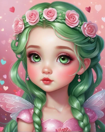 rosa ' the fairy,little girl fairy,rosa 'the fairy,flower fairy,faery,child fairy,cupido (butterfly),fairy,cupid,fairy queen,mint blossom,eglantine,faerie,garden fairy,fae,pink green,evil fairy,dryad,watermelon background,doll's facial features,Conceptual Art,Fantasy,Fantasy 03