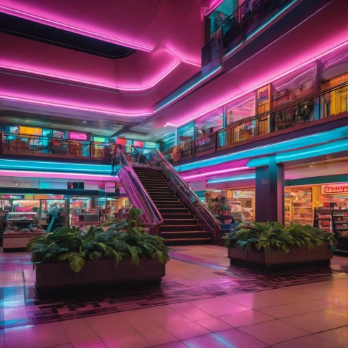 shopping mall,food court,shopping center,central park mall,neon coffee,the dubai mall entrance,retro diner,colored lights,retail,mall,store fronts,shops,neon lights,movie theater,toy store,department store,80s,movie theatre,movie palace,harbour city,Photography,General,Fantasy