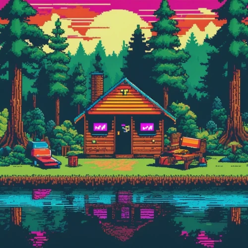 summer cottage,log cabin,the cabin in the mountains,cottage,small cabin,cabin,retro styled,house with lake,lonely house,log home,house by the water,little house,bungalow,pixel art,house in the forest,retro background,boathouse,80's design,cabana,retro,Unique,Pixel,Pixel 04