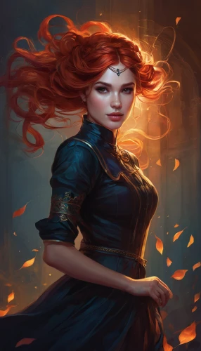 merida,fiery,fantasy portrait,clary,transistor,rosa ' amber cover,flame spirit,sorceress,fire siren,game illustration,fantasy picture,red-haired,mystical portrait of a girl,celtic queen,fire artist,flame of fire,dancing flames,fantasy woman,fae,fire background,Conceptual Art,Fantasy,Fantasy 17