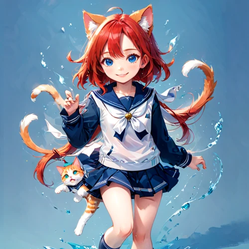 calico cat,calico,honoka,nami,nyan,sailor,water splash,cat child,cat ears,splashing,kat,lily water,clear stream,admiral,cat tail,water splashes,koi,red cat,stray cat,kitty,Anime,Anime,General