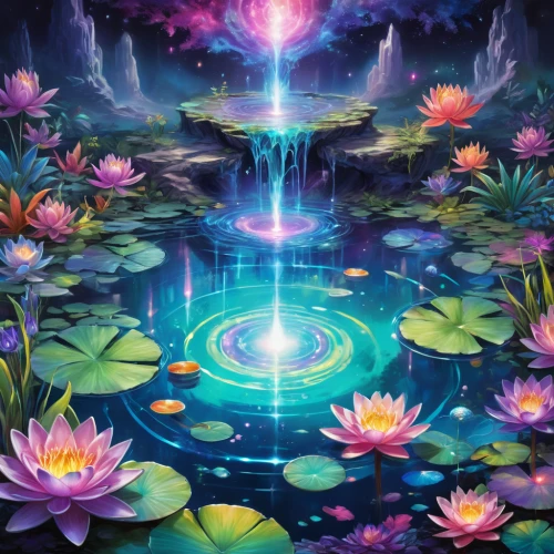 water lotus,water-the sword lily,pond flower,lily pond,sacred lotus,water lilies,lotus on pond,wishing well,flower water,flower of water-lily,lotus pond,lilly pond,lotus,water flower,waterlily,fountain pond,nymphaea,lotus art drawing,fairy world,stone lotus,Illustration,Realistic Fantasy,Realistic Fantasy 20