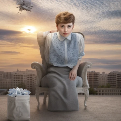 photo manipulation,woman sitting,conceptual photography,image manipulation,woman thinking,photoshop manipulation,photomanipulation,digital compositing,portrait photography,audrey hepburn,girl sitting,audrey hepburn-hollywood,romantic portrait,business angel,surrealistic,sitting on a chair,retro woman,portrait background,woman in menswear,bussiness woman,Common,Common,Natural