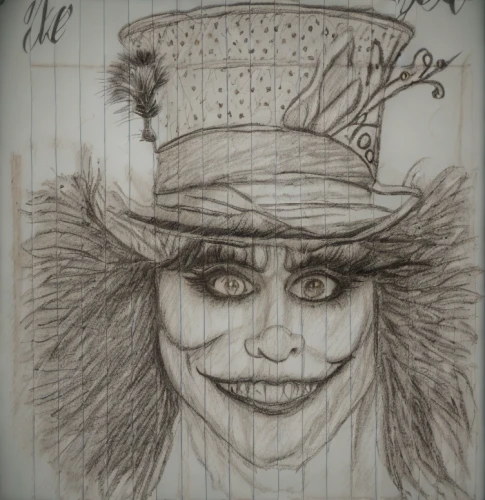 hatter,the hat-female,ringmaster,creepy clown,joker,horror clown,scarecrow,clown,the hat of the woman,pierrot,rodeo clown,scary clown,vintage drawing,pencil and paper,marionette,circus,womans hat,voodoo woman,straw man,black hat