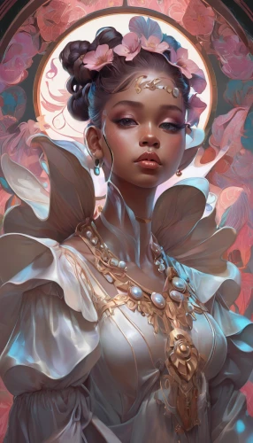 baroque angel,fantasy portrait,mystical portrait of a girl,priestess,flower fairy,jasmine blossom,meticulous painting,rosa 'the fairy,geisha,pearl border,rosa ' amber cover,masquerade,geisha girl,oriental princess,fairy queen,radiance,detail shot,faerie,porcelain rose,eglantine,Conceptual Art,Fantasy,Fantasy 01