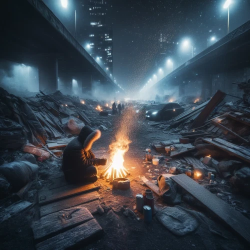 campfire,log fire,destroyed city,under the moscow city,campfires,burning of waste,game art,fireplaces,wood fire,industries,games of light,unhoused,city in flames,weather-beaten,steelworker,post-apocalypse,snow bridge,trash land,collapse,valley of death