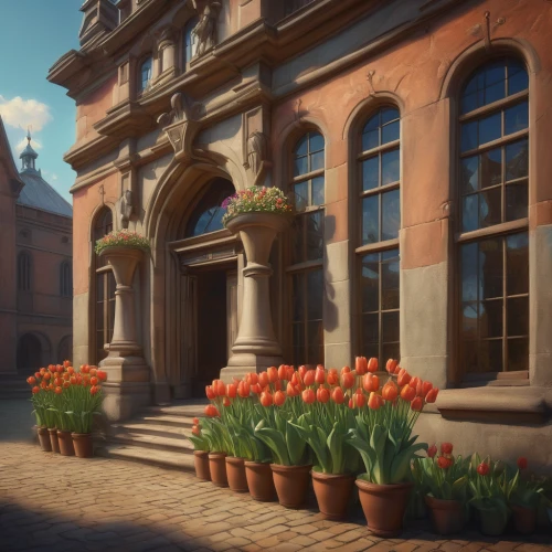 orange tulips,corner flowers,geraniums,flower boxes,flower shop,flowerbox,potted flowers,flower delivery,terracotta flower pot,red tulips,springtime background,tulips,spring garden,spring morning,flower box,spring sun,beautiful buildings,flowerpots,red brick,terracotta tiles,Conceptual Art,Fantasy,Fantasy 01