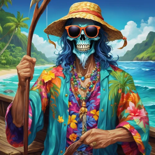 pirate,pirate treasure,cuba background,skull allover,skeleltt,luau,portrait background,sea god,beach background,saranka,calavera,game illustration,aztec,blue hawaii,summer background,bandana background,the caribbean,carribean,version john the fisherman,skull racing,Conceptual Art,Fantasy,Fantasy 31