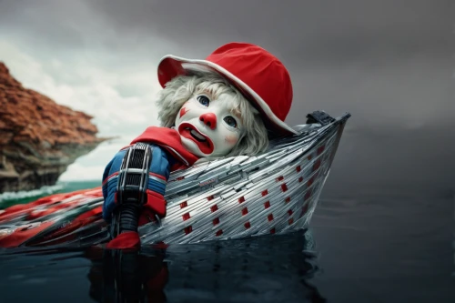 horror clown,scared santa claus,creepy clown,rotten boat,dinghy,sinking,scary clown,pierrot,row row row your boat,sailing saw,saint nicholas,jon boat,gondolier,it,rowboat,capsizes,the man in the water,whaler,sunken boat,digital compositing