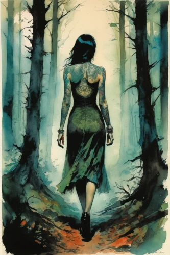 woman walking,girl walking away,dryad,ballerina in the woods,sleepwalking,girl with tree,sleepwalker,the enchantress,forest walk,bodypainting,the woods,cd cover,world digital painting,woman silhouette,watercolor pin up,tour to the sirens,girl in a long dress,digital painting,hand digital painting,digital artwork,Illustration,Paper based,Paper Based 12