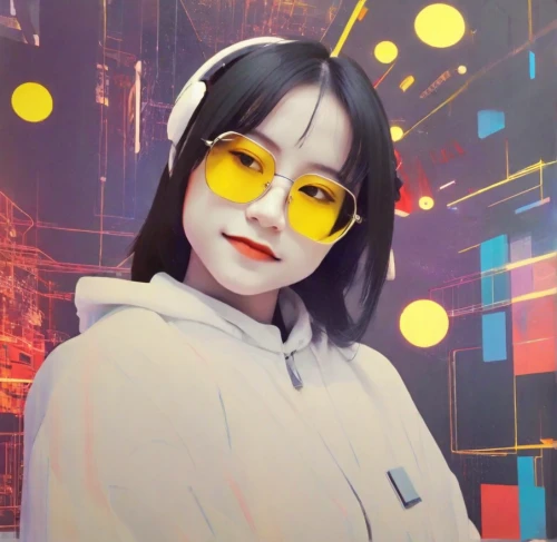 cyber glasses,retro background,portrait background,digiart,hong,cyber,solar,yellow background,gangneoung,retro girl,phuquy,fuki,vector art,sujeonggwa,vector illustration,cube background,abstract retro,edit icon,soundcloud icon,effect pop art