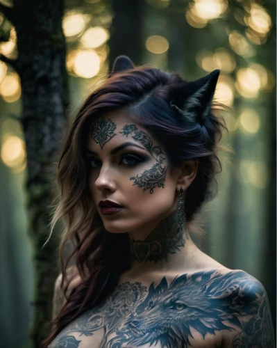 tattoo girl,faerie,faun,fae,faery,bodypaint,fantasy portrait,bodypainting,wild cat,kat,painted lady,feline look,body painting,forest animal,dryad,feral,feline,huntress,catwoman,warrior woman