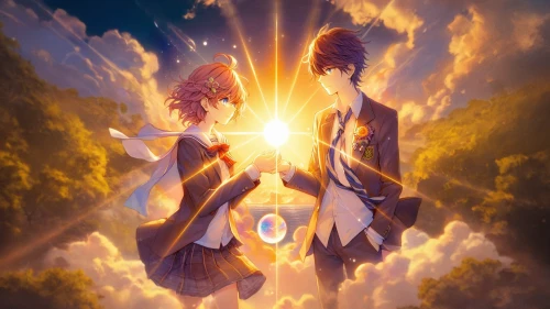 rays of the sun,fairy tail,double sun,magi,the three magi,celestial event,violet evergarden,hand in hand,the pillar of light,heart in hand,angels,celestial,evangelion,two hearts,sun and moon,guiding light,cg artwork,yuki nagato sos brigade,rays,world end