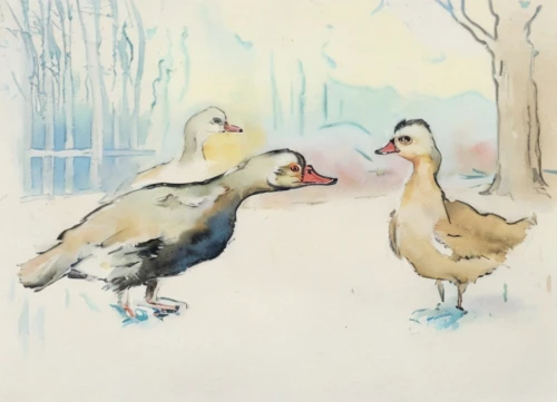 winter chickens,wild ducks,a pair of geese,geese,goslings,wild geese,st martin's day goose,garden birds,bird painting,ducks,galliformes,duck females,arctic birds,waterfowls,chicks,chicken yard,winter animals,ducklings,young birds,charadriiformes,Game&Anime,Manga Characters,Watercolor