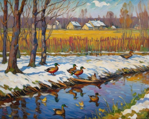 winter chickens,winter landscape,david bates,snow scene,early winter,waterfowl,wild ducks,ducks,waterfowls,christmas landscape,mallards,winter lake,new england,snow landscape,raven river,water fowl,oil painting,brook landscape,in the winter,reeds wintry,Art,Artistic Painting,Artistic Painting 03