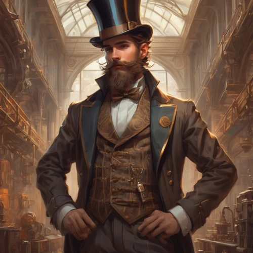 stovepipe hat,merchant,aristocrat,steampunk,apothecary,gentlemanly,lincoln,abraham lincoln,victorian,clockmaker,victorian style,fantasy portrait,the victorian era,top hat,winemaker,game illustration,watchmaker,world digital painting,gentleman icons,freemason,Conceptual Art,Fantasy,Fantasy 01
