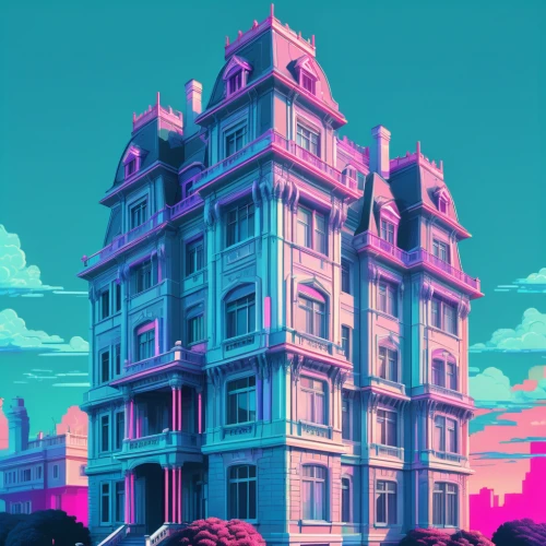 apartment building,apartment block,apartment house,apartments,pink city,an apartment,grand hotel,sky apartment,block of flats,apartment complex,colorful city,palace,real-estate,residential,apartment,house silhouette,retro styled,colorful facade,apartment buildings,hotel riviera,Conceptual Art,Sci-Fi,Sci-Fi 28