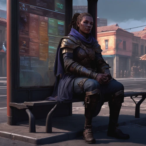 man on a bench,vendor,the girl at the station,woman sitting,merchant,bus stop,woman at cafe,busstop,girl sitting,cyberpunk,shepard,fallout4,lamplighter,bench,city pigeon,sitting on a chair,huntress,a pedestrian,sitting,star-lord peter jason quill,Conceptual Art,Fantasy,Fantasy 01