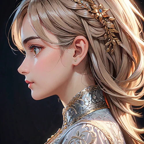 golden crown,princess' earring,gold crown,golden wreath,fantasy portrait,gold filigree,diadem,angelica,rapunzel,gold leaf,princess crown,crown,filigree,golden haired,spring crown,jessamine,summer crown,gold jewelry,braid,earring,Anime,Anime,General