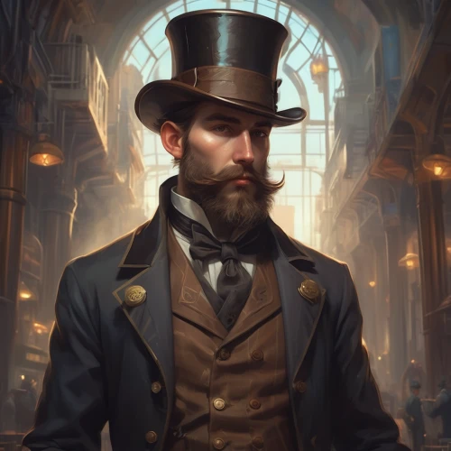 stovepipe hat,gentlemanly,lincoln,fantasy portrait,game illustration,aristocrat,top hat,abraham lincoln,steampunk,apothecary,victorian,victorian style,gentleman icons,clockmaker,portrait background,the victorian era,bellboy,merchant,world digital painting,bowler hat,Conceptual Art,Fantasy,Fantasy 01