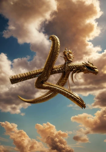 flying snake,shofar,serpent,golden dragon,photo manipulation,wyrm,weathervane design,dragon,digital compositing,automobile hood ornament,alpino-oriented milk helmling,3d fantasy,pterosaur,chinese dragon,sagittarius,dragon bridge,sidewinder,thunder snake,flying carpet,surrealistic,Material,Material,Gold