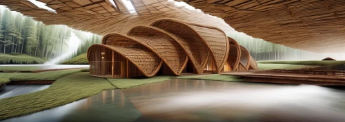 futuristic architecture,futuristic landscape,wooden construction,wood structure,japanese architecture,futuristic art museum,asian architecture,cave on the water,eco-construction,wave wood,wooden roof,wooden bridge,honeycomb structure,chinese architecture,virtual landscape,wooden beams,floating huts,calatrava,fractal environment,kirrarchitecture