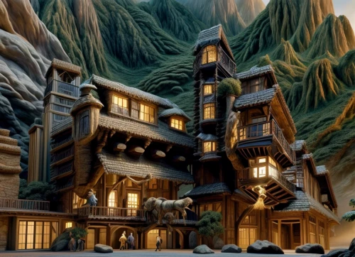 house in mountains,house in the mountains,wild west hotel,mountain settlement,alpine village,mountain village,log home,popeye village,escher village,mountain huts,the cabin in the mountains,tree house hotel,hanging houses,log cabin,wooden houses,mountain hut,ski resort,3d fantasy,dunes house,eco hotel